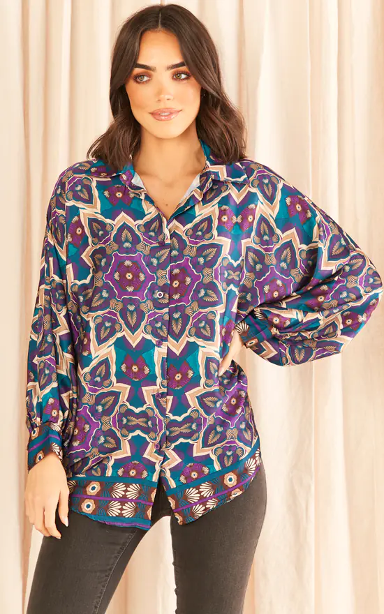 Cheapest ๐ฅฐ Blue Vanilla Satin Print ๐ Shirt Teal ๐ - Image 2