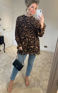 Top 10 😀 Malissa J Collection High Neck Pleated Chiffon Top Brown Animal 😍