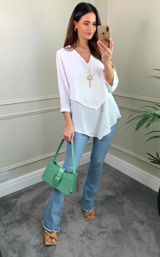 Deals 🔔 HOXTON GAL 3/4 Sleeves V Neck Layered Relaxed Fit Top With Necklace In White 🛒