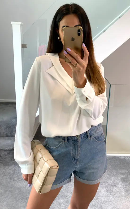Best Pirce ๐ HOXTON GAL Oversized Detailed Collar Blouse With Long Sleeves In White ๐ฅฐ - Image 3