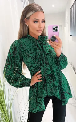 Best Pirce 🎁 AX Paris Green Printed Tie Neck Blouse 🌟