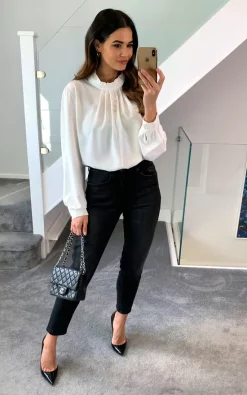 Best deal 🥰 HOXTON GAL Oversized Crepe Long Sleeves Ruffle Neck Top With Button Details In White 🛒