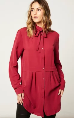 Best Pirce ✔️ HOXTON GAL Overized Long Sleeves 👕 Shirt Tunic With Matching Tie In Burgundy ⭐