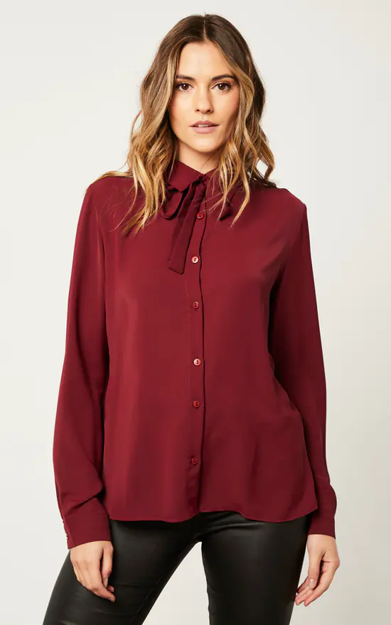Best Sale 👍 HOXTON GAL Oversized Long Sleeves 👚 Shirt Top With Matching Tie In Burgundy 🛒