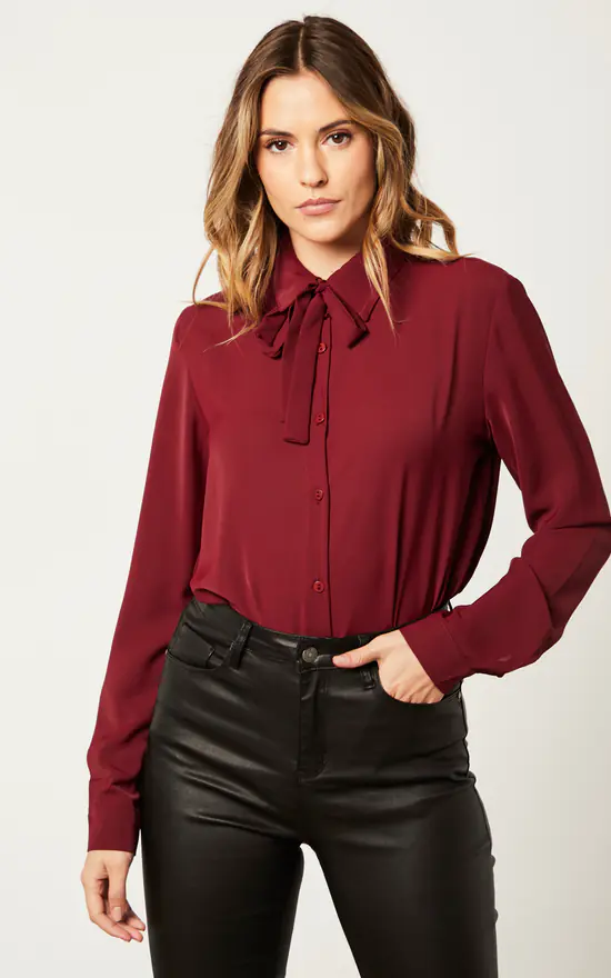 Best Sale 👍 HOXTON GAL Oversized Long Sleeves 👚 Shirt Top With Matching Tie In Burgundy 🛒 - Image 2