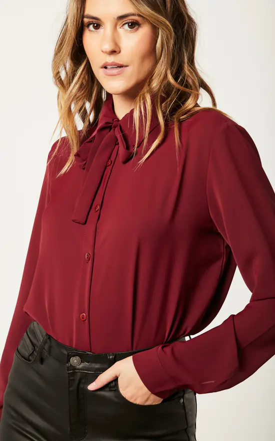 Best Sale 👍 HOXTON GAL Oversized Long Sleeves 👚 Shirt Top With Matching Tie In Burgundy 🛒 - Image 3