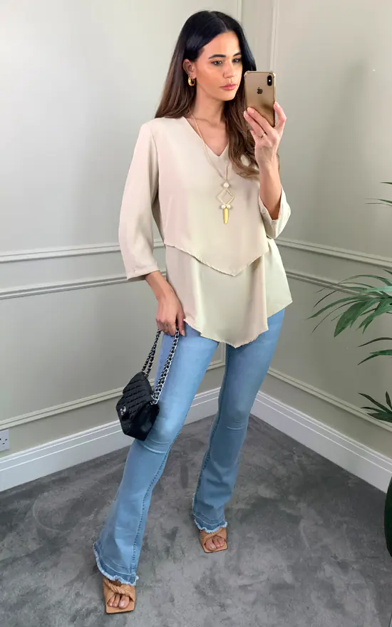Budget ๐ HOXTON GAL 3/4 Sleeves V Neck Layered Relaxed Fit Top With Necklace In Beige ๐