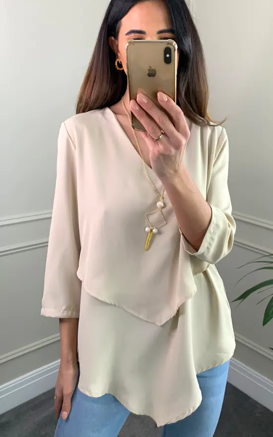 Budget ๐ HOXTON GAL 3/4 Sleeves V Neck Layered Relaxed Fit Top With Necklace In Beige ๐ - Image 2