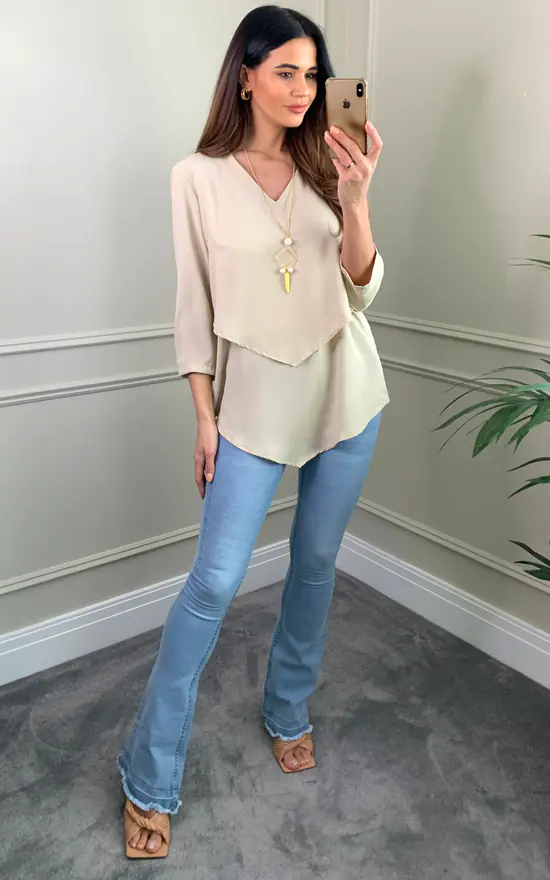 Budget ๐ HOXTON GAL 3/4 Sleeves V Neck Layered Relaxed Fit Top With Necklace In Beige ๐ - Image 3