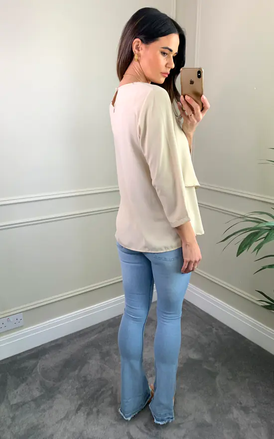 Budget ๐ HOXTON GAL 3/4 Sleeves V Neck Layered Relaxed Fit Top With Necklace In Beige ๐ - Image 4