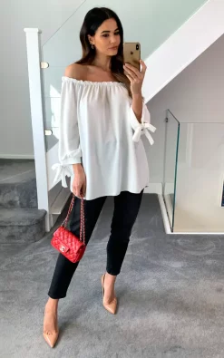 Promo 😍 HOXTON GAL Oversized Off Shoulder Top With Tie Detailed Sleeves In White 🧨