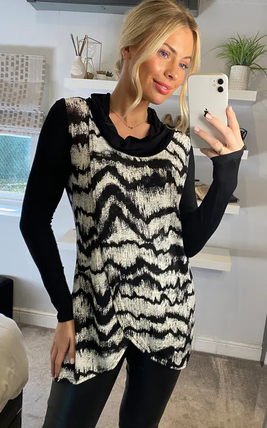 Cheap 🌟 Izabel London Black And White Tie Dye Long Sleeve Cowl Neck Top 💯