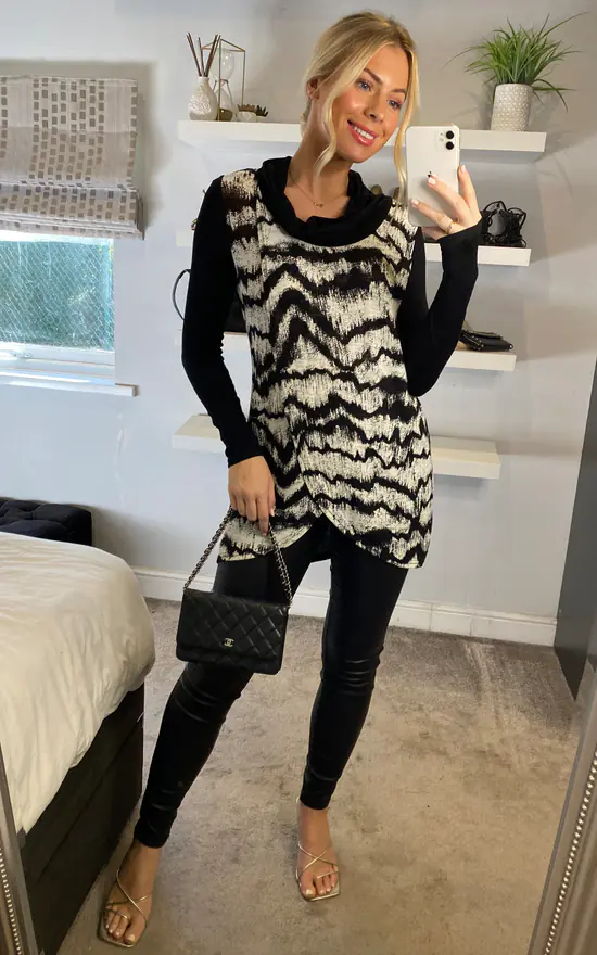 Cheap 🌟 Izabel London Black And White Tie Dye Long Sleeve Cowl Neck Top 💯 - Image 2
