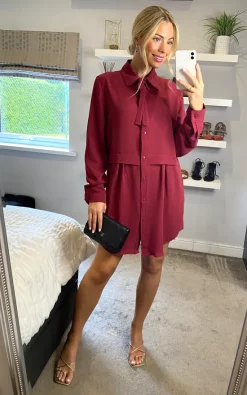 Budget ✔️ HOXTON GAL Oversized Fit Tie Detailed 👕 Shirt Tunic In Burgundy 👍