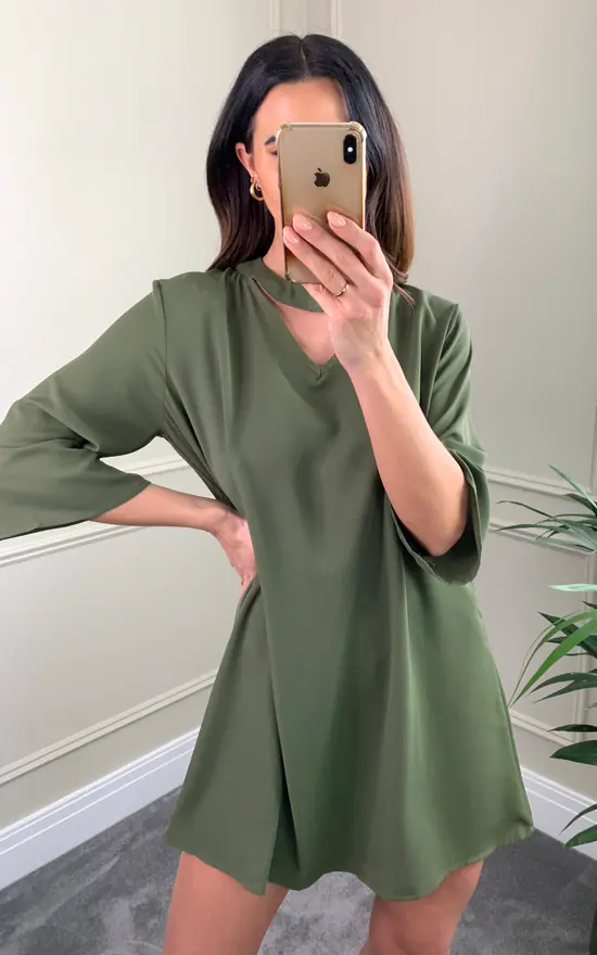 Top 10 βοΈ HOXTON GAL Detailed Neckline Tunic With 3/4 Sleeves In Khaki π€© - Image 3