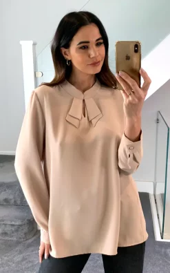 Best Pirce ❤️ HOXTON GAL Oversized Detailed Neck Top With Long Sleeves In Beige 😉