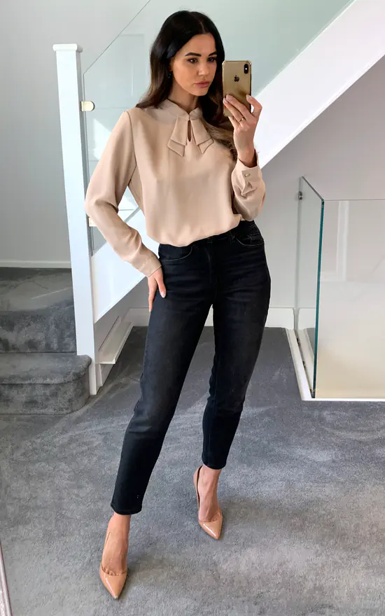 Best Pirce ❤️ HOXTON GAL Oversized Detailed Neck Top With Long Sleeves In Beige 😉 - Image 2