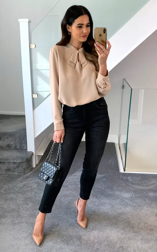 Best Pirce ❤️ HOXTON GAL Oversized Detailed Neck Top With Long Sleeves In Beige 😉 - Image 3