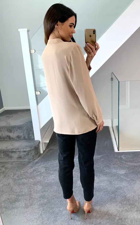 Best Pirce ❤️ HOXTON GAL Oversized Detailed Neck Top With Long Sleeves In Beige 😉 - Image 4