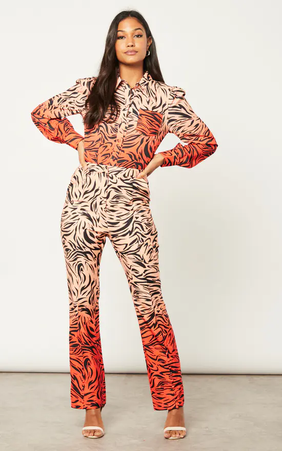 Buy ๐ Liquorish Zebra Print ๐ Shirt With Accentuated Collar Detail In Orange And Nude ๐ - Image 2