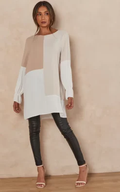 Wholesale 🛒 HOXTON GAL Oversized Long Sleeves Colour Block Satin Tunic Top In Brown, Beige And White 🔔