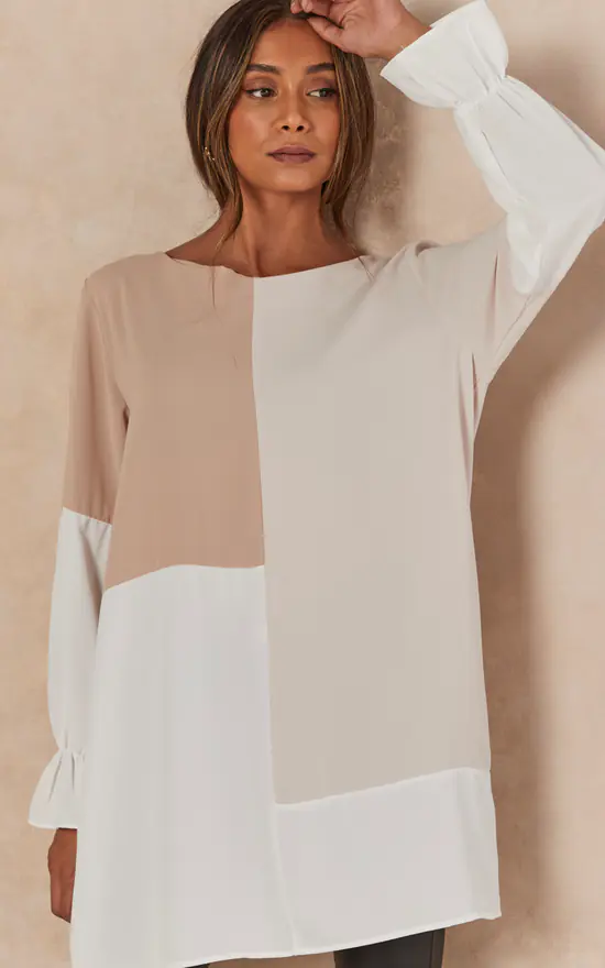 Wholesale ๐ HOXTON GAL Oversized Long Sleeves Colour Block Satin Tunic Top In Brown, Beige And White ๐ - Image 2