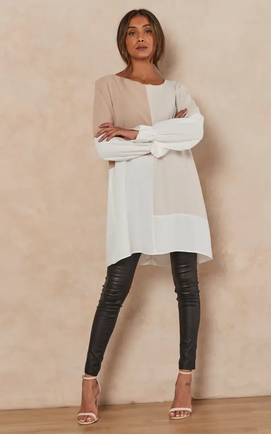 Wholesale ๐ HOXTON GAL Oversized Long Sleeves Colour Block Satin Tunic Top In Brown, Beige And White ๐ - Image 3