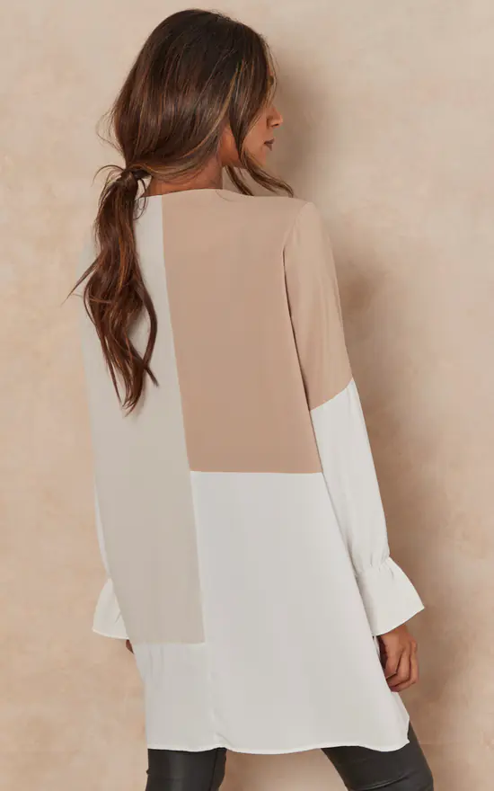 Wholesale ๐ HOXTON GAL Oversized Long Sleeves Colour Block Satin Tunic Top In Brown, Beige And White ๐ - Image 4