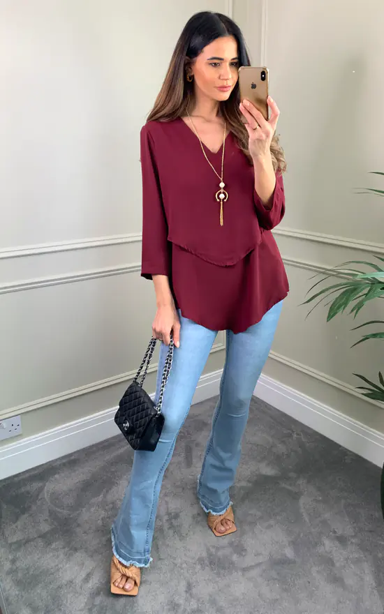 New โ HOXTON GAL 3/4 Sleeves V Neck Layered Relaxed Fit Top With Necklace In Burgundy ๐ฅฐ - Image 3