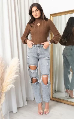 Top 10 ⭐ IKRUSH Evelyn Knitted Top With Cut Outs Detail In Brown 😍