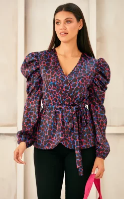 Brand new 🔔 Jenerique Long Sleeve Wrap Satin Top In Pink/Blue Abstract Animal Print 👏