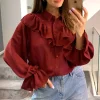 Best deal 😉 HOXTON GAL Oversized Frilled Front 👕 Shirt With Detailed Cuffs In Burgundy 😀