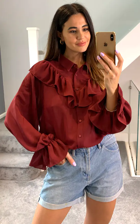 Best deal ๐ HOXTON GAL Oversized Frilled Front ๐ Shirt With Detailed Cuffs In Burgundy ๐