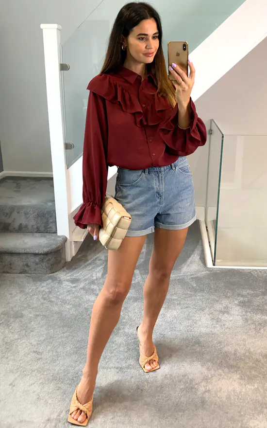Best deal ๐ HOXTON GAL Oversized Frilled Front ๐ Shirt With Detailed Cuffs In Burgundy ๐ - Image 2