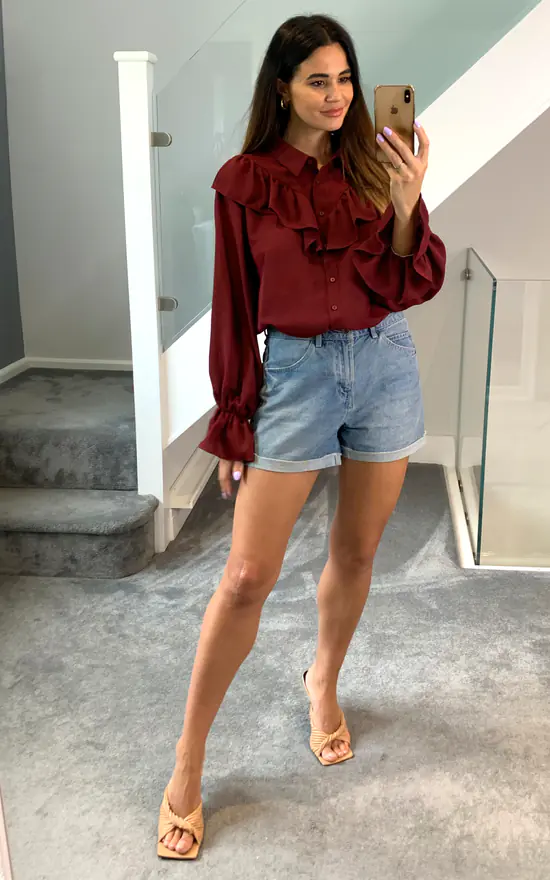 Best deal ๐ HOXTON GAL Oversized Frilled Front ๐ Shirt With Detailed Cuffs In Burgundy ๐ - Image 3