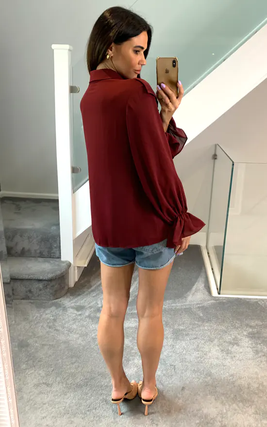 Best deal ๐ HOXTON GAL Oversized Frilled Front ๐ Shirt With Detailed Cuffs In Burgundy ๐ - Image 4