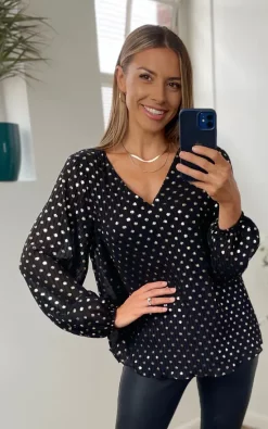 Best Sale 😀 KRISP Deep V Neck Metallic Spot Print Black Top 🔔