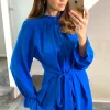 Buy 😉 HOXTON GAL Oversized Crepe Tie Ruffle Neck With Tie Waist Detailed Tunic In Blue 🎉