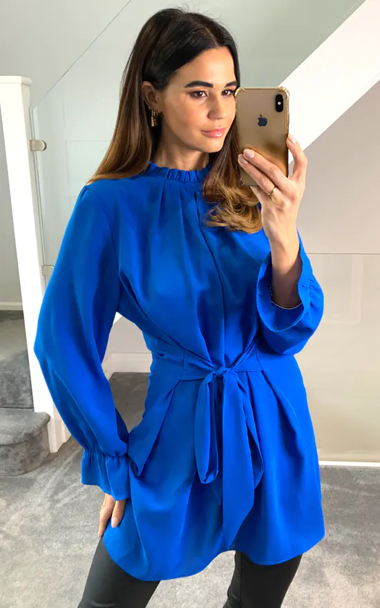 Buy 😉 HOXTON GAL Oversized Crepe Tie Ruffle Neck With Tie Waist Detailed Tunic In Blue 🎉