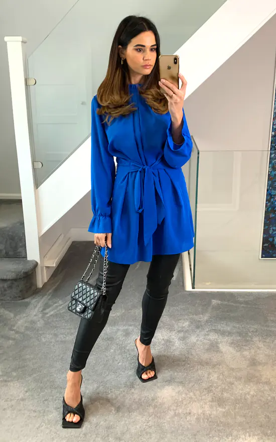 Buy 😉 HOXTON GAL Oversized Crepe Tie Ruffle Neck With Tie Waist Detailed Tunic In Blue 🎉 - Image 2