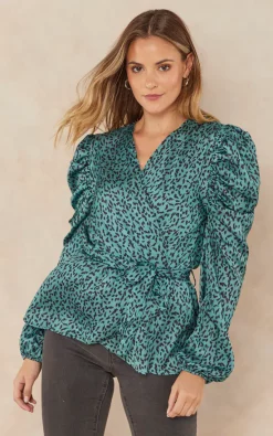 Top 10 🥰 Jenerique Long Sleeve Wrap Satin Top In Abstract Polka Dot Print 🥰