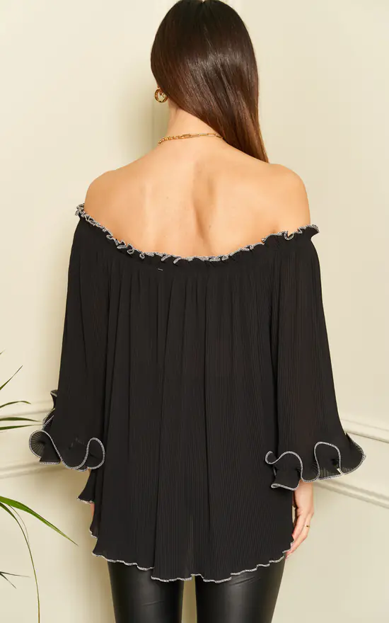 New โจ KURT MULLER Black Contrast Stitch Long Sleeve Ruffle Bardot Blouse ๐ - Image 4
