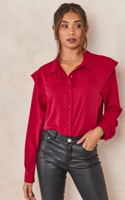 Top 10 🔥 HOXTON GAL Oversized Shoulder Detailed Long Sleeves 👕 Shirt In Burgundy ❤️