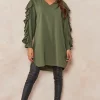 Hot Sale ✔️ HOXTON GAL Oversized Satin V Neck Detailed Ruffle Sleeves Tunic In Khaki 👏
