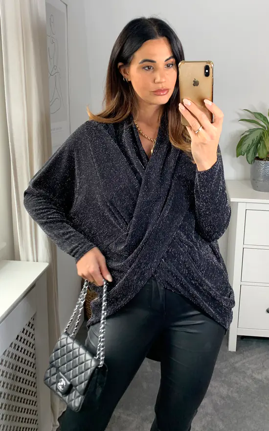 Wholesale ๐ HOXTON GAL Oversized Long Sleeves Cowl Neck Glitter Tunic Top In Black ๐