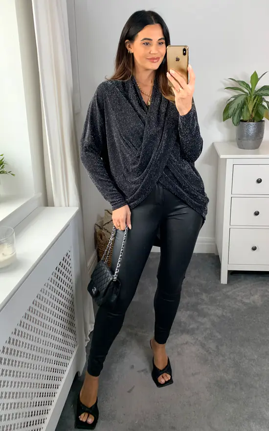 Wholesale ๐ HOXTON GAL Oversized Long Sleeves Cowl Neck Glitter Tunic Top In Black ๐ - Image 2