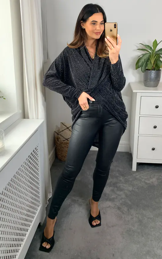 Wholesale ๐ HOXTON GAL Oversized Long Sleeves Cowl Neck Glitter Tunic Top In Black ๐ - Image 3