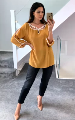Top 10 🧨 HOXTON GAL Oversized Crepe Top With White Rope Details In Mustard 🌟