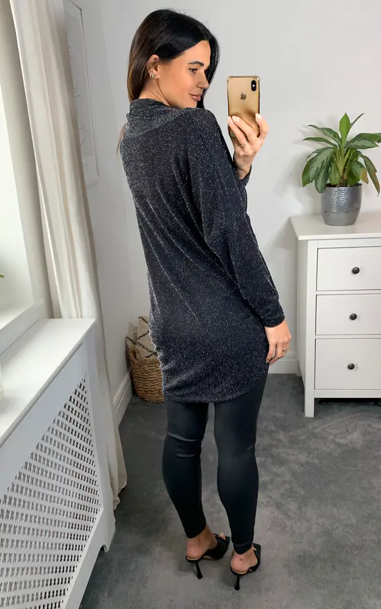 Wholesale ๐ HOXTON GAL Oversized Long Sleeves Cowl Neck Glitter Tunic Top In Black ๐ - Image 4