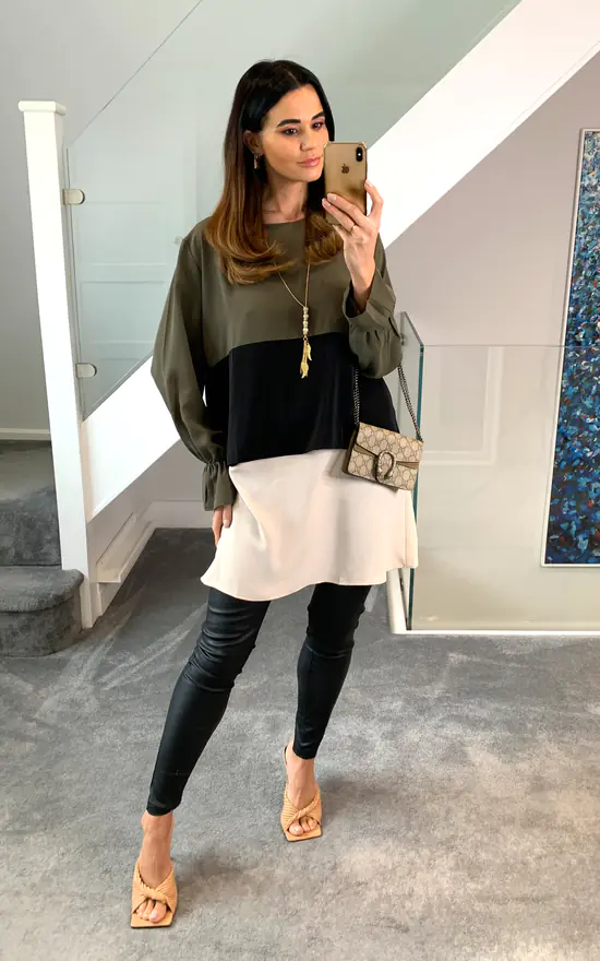 Buy 👏 HOXTON GAL Oversized Relaxed Fit Colour Block Top Khaki, Black And Cream ❤️
